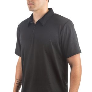 Men’s Black Textured Polo Shirt, Short Sleeve Collared Casual Polo, Minimalist Everyday Shirt for Men
